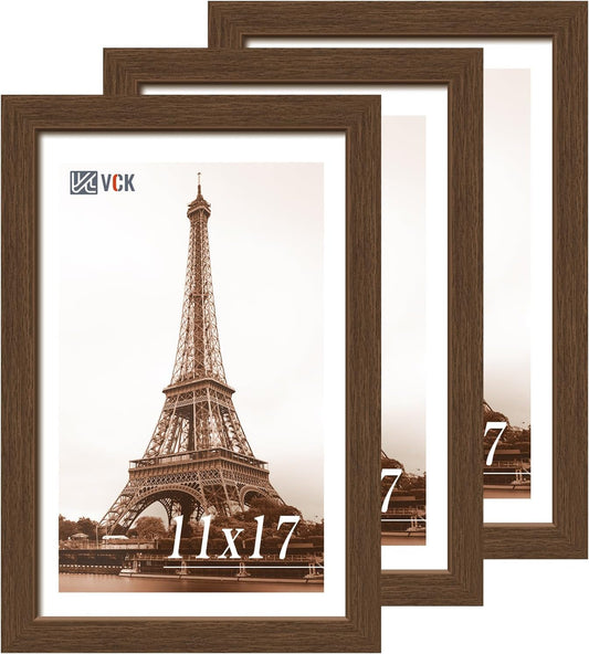 VCK 11x17 Picture Frame 3 Pack, Brown Wood Poster Frame with Exclusive Wood Grain, Wall Mounting Hanging