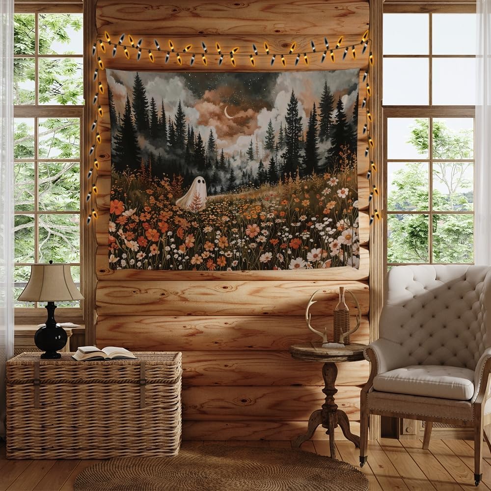 Spooky Fall Forest Art Halloween Tapestry Wall Hanging Cute and Funny Forest Flower Ghost Tapestry for Bedroom Whimsical Dark Academia Aesthetic Tapestries for Home Living Room Decor 40x60inch