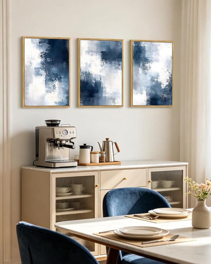 PHOPAGO Navy Blue and Gray Abstract Framed Wall Art Brush Strokes Pastel Wall Decor Modern Minimalist Art Paints for Bedroom Laundry Living Room - 12x16in Natural Framed