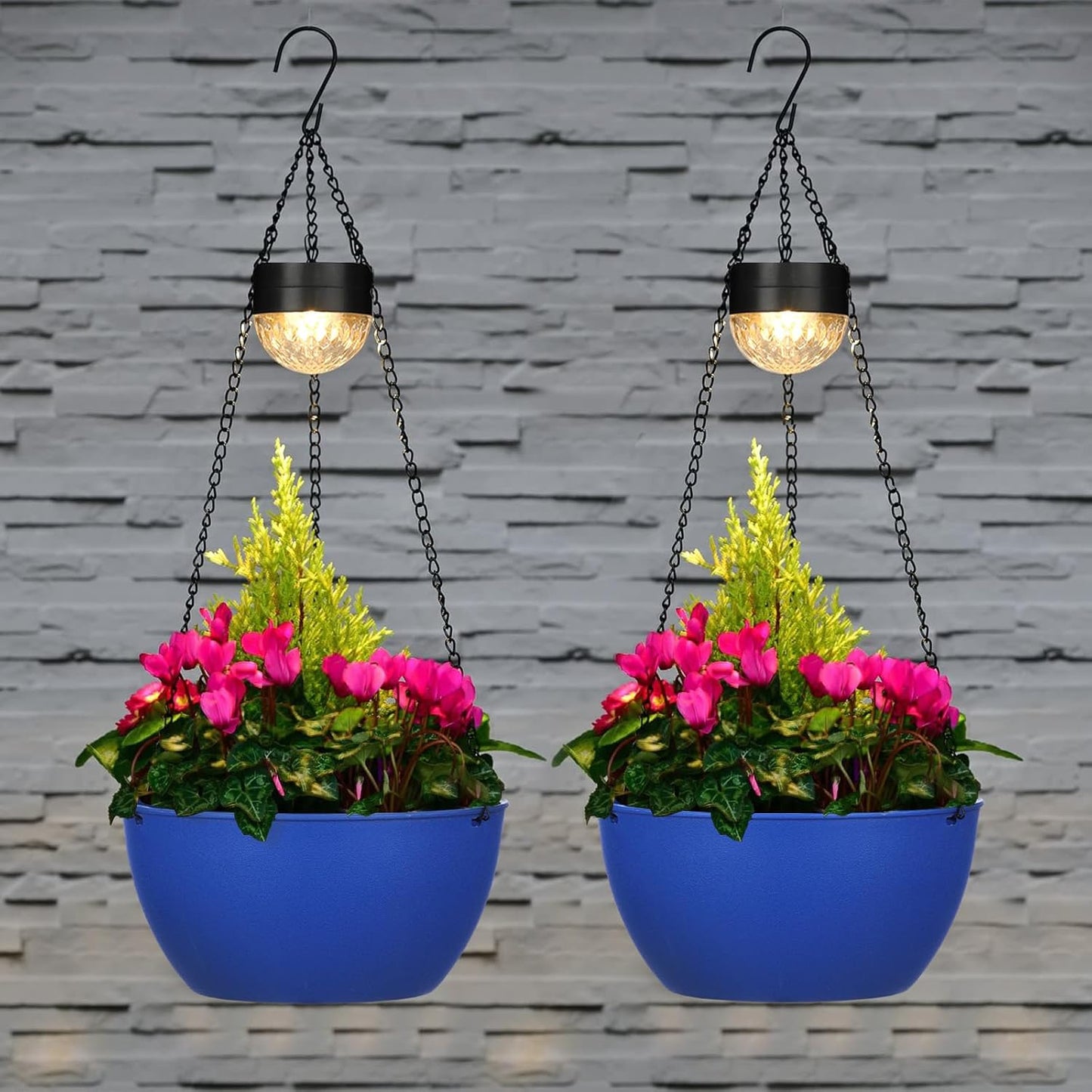 2 Packs Solar Hanging Basket Planters for Plants Outdoor, Self Watering Blue Flower Plants Pots with Solar Light Drainer for Balcony Patio Garden Outdoor Decoration