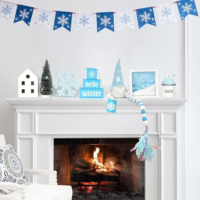 Winter Decoration for Home 8 PCS Tiered Tray Decor Set, Cute Christmas Blue Winter Decor for Shelf Mantel Office Indoor Table Centerpiece Snowflake Signs New Year Holiday Decorations Set