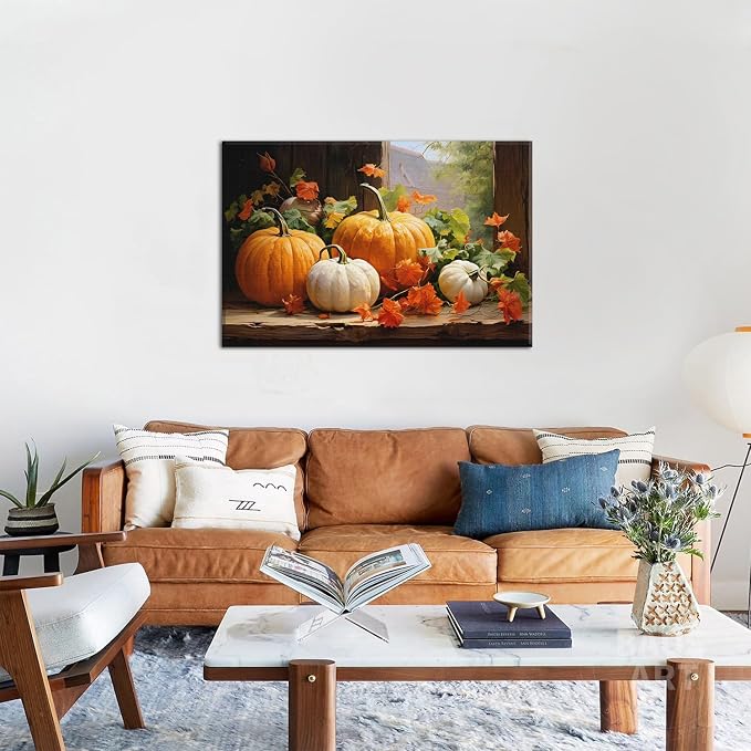 Pumpkin Canvas Wall Art Fall Pictures Maple Leaf Autumn Thanksgiving Wall Decor Rustic Halloween Themed Wall Framed Prints Modern Artwork for Living Room Kitchen Bedroom Dinner Home Decorations 24x36”