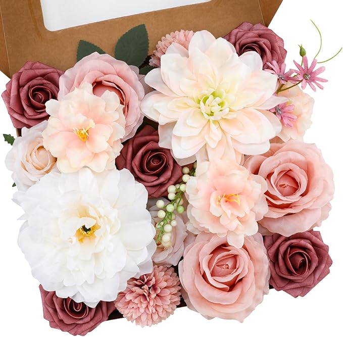 Floweroyal Artificial Flowers Combo Pink Flowers Mix Silk Flowers Dahlia Roses with Stems for DIY Wedding Bridal Bouquets, Baby Shower, Floral Arrangement, Table Centerpieces, Home Decorations