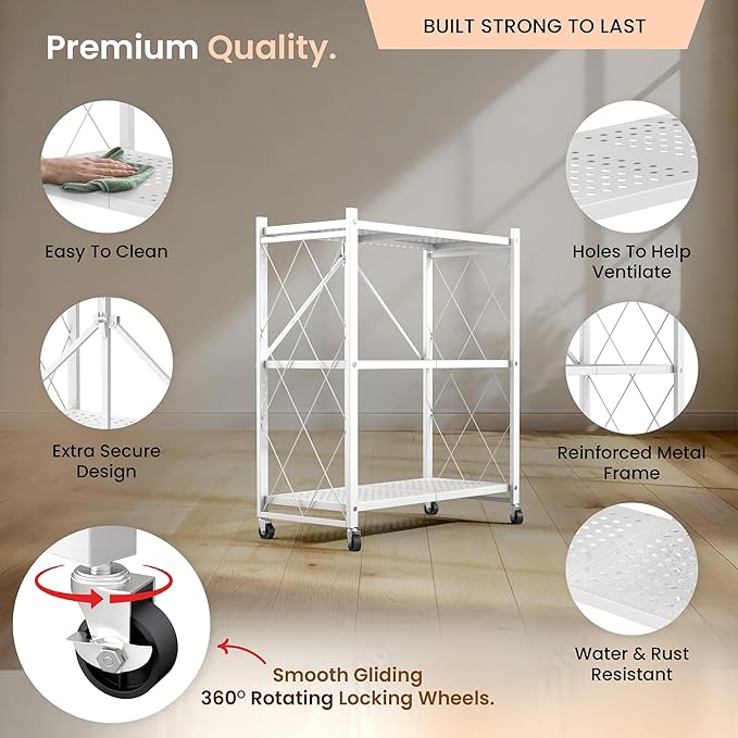 Our Modern Space 3-Tier Foldable Storage Shelf with Wheels | Metal Rack Collapsible Shelving Display | Rolling Cart for Books Kitchen Storage Shelves | Pantry & Closet Organizer | Office Room Decor