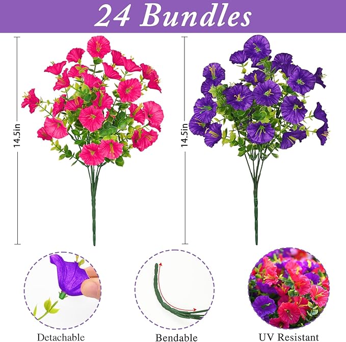 Waipfaru 24 Bundles Artificial Flowers for Outdoors Faux Plants Outdoor, UV Resistant Artificial Plants Outdoor, Silk Petunias Fake Flowers for Outside Home Decor Planter Porch Decoration, Mix Color