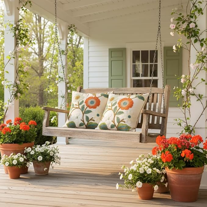 Green and Orange Throw Pillow Covers 18x18 Set of 2 Flowers with Leaves Embroidery Pillow Cushion Case Spring Summer Decorative Farmhouse Pillowcases Square Rustic Floral Pillow Case