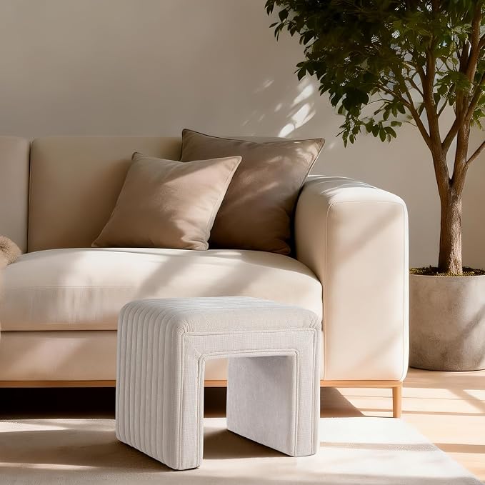 Get Set Style Vanity Stool Chair,Modern Linen Ottoman Foot Stool with Wooden Legs Sofa Bench Footstool Extra Seat for Vanity,Makeup Room,Living Room,Entryway,Office (Fully Assembled) (Beige)
