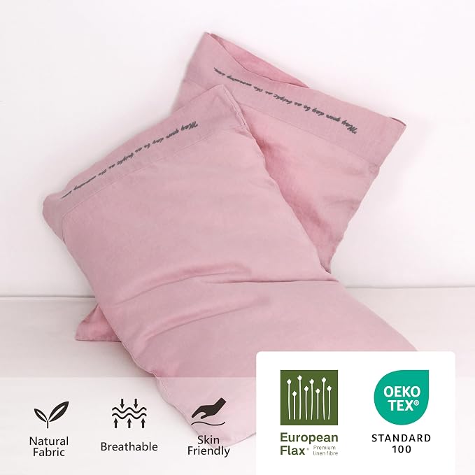 Linen Pillow Cases with Embroidery Design,20"x40" King Size Set of 2,100% French Flax Soft Handmade Linen Pillowcases,Pink Lavender Embroidery