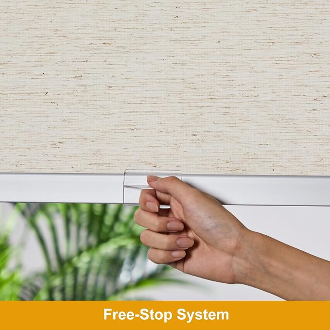 Persilux Free-Stop Cordless 100% Blackout Roller Shades for Indoor Windows, Natural Woven Fabric UV Protection Privacy Thermal Insulated Roller Window Shades for Home, Bedroom, Cream 34.5" W x 72" H