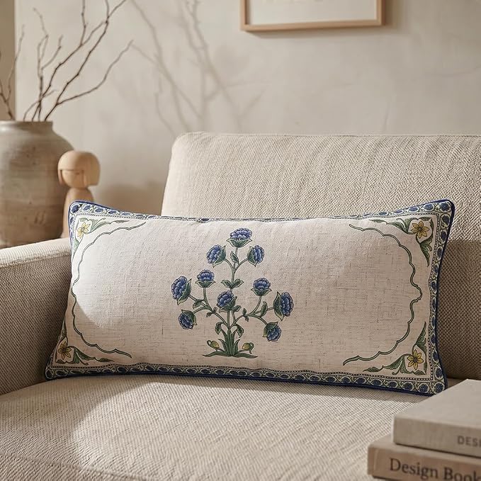patdrea Designer Vintage Linen Throw Pillow Cover,12"x28",Set of 2-Ivar B | Decorative Pillow Case,Floral Pattern,White Pillow Cover for Couch Living Room Bedroom Sofa Outdoor