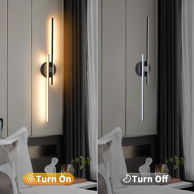 Rechargeable Battery Operated Wall Sconce Set of Two, Black Wireless LED Wall Sconces with Remote Control, Dimmable 3 Colors Cordless Wall Lights for Living Room, Bedroom, Hallway, 31.4 Inch(2pcs)