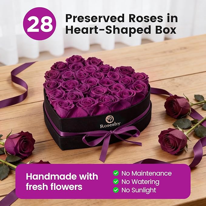 Valentines Day Flowers Roses Gifts for Her,28pcs Purple Forever Preserved Roses in Heart Shape Gift Box,Valentines Day Delivery Prime Gifts-Roses Gifts for Women,Mom.