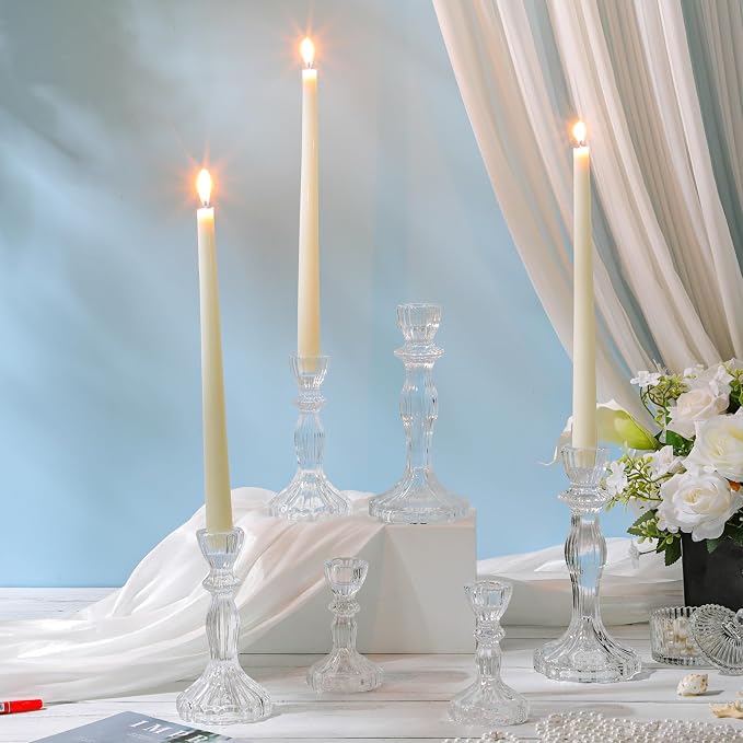 Mumufy 12 Pack Glass Taper Candle Holders Clear Candlestick Holder Fit 0.8 Inch Candles 4'' 6'' 8'' Tall Crystal Decorative Candlestick Stand Centerpiece for Table Wedding Dining Party (Classic)
