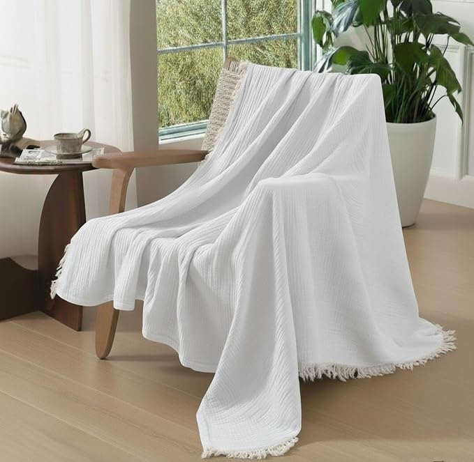 KyraHome 100% Cotton Throw Blanket 60"x80" Large Muslin Blankets for Adults, Couch, Picnic, Travel, Plant Dyed Pre-Washed Breathable Lightweight Soft Summer Blanket, All Season, White
