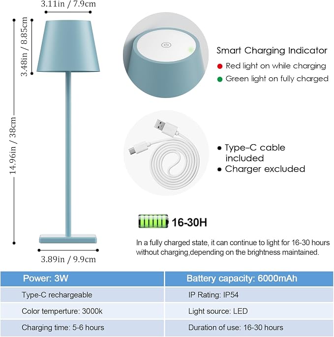 4 Packs Rechargeable LED Table Lamp,5000mAh Outdoor Cordless Desk Lamp Waterproof Portable, Stepless Dimmable Lamps for Restaurant/Bedroom/Outdoor (Blue)
