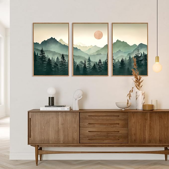 SIKERIC Sage Green Boho Mountain Wall Art, Large Modern Sunrise Framed Canvas Art Prints Set of 3, Nature Landscape Wall Decor, Watercolor Misty Forest Wall Paintings for Living Room, Bedroom- 24X36in