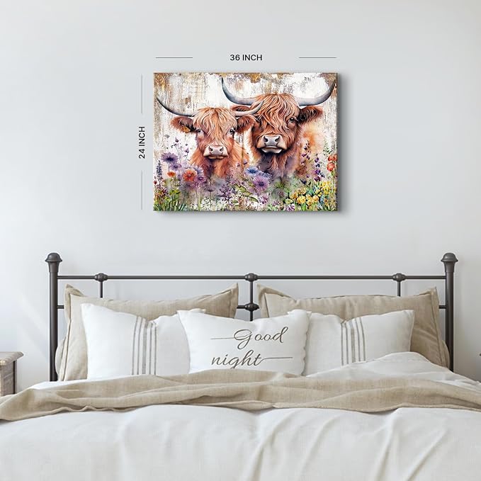 Rustic Highland Cow Wall Decor Watercolor Wildflower Cow Wall Art for Living Room Farmhouse Western Country Cattle Canvas Art Farm Animal Painting Cowboy Artwork Bedroom Bathroom Decoration 24x36"