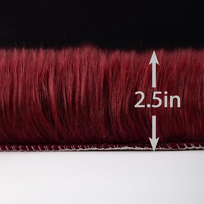 Faux Fur Sheepskin Runner Rug Burgundy 2x6 ft Ultra Soft Shaggy Plush Fluffy Fuzzy Area Carpet Decorative Chair Cover Floor Mat for Bedroom Sofa Living Room Bedside