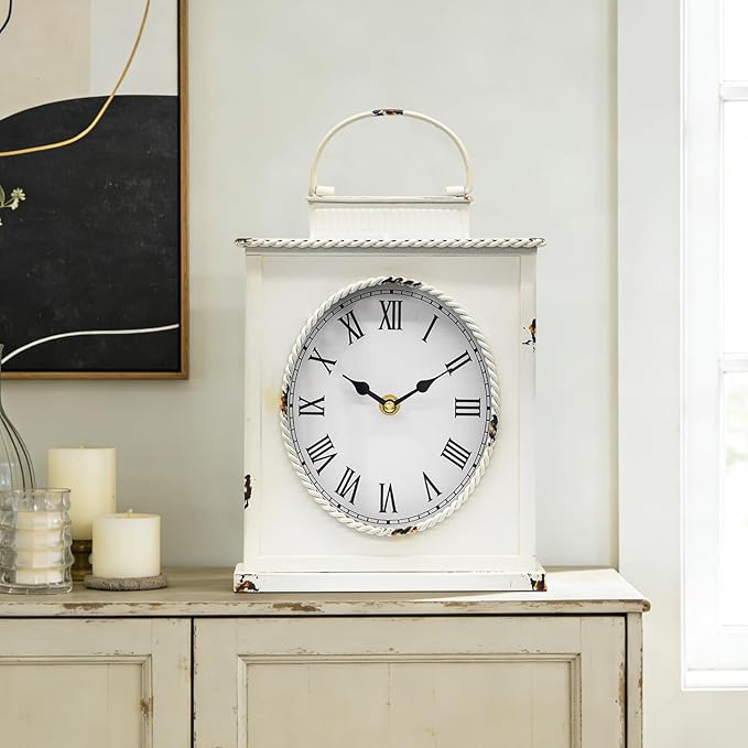 MODE HOME Vintage Mantel Clock, Large Rustic Distressed Metal Table Clock with Handle, Silent Non-Ticking Quartz Movement, Whitewashed Fireplace Shelf Desk Clock for Living Room Bedroom Office