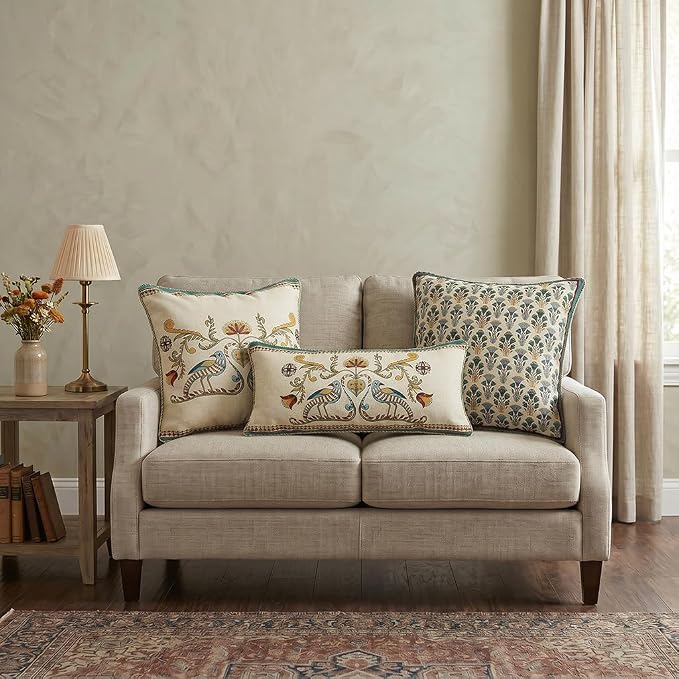 patdrea Designer French Vintage Linen Throw Pillow Cover,12"x28"-Wensel C | RusticDecorative Pillow Case,Bird and Floral Pattern,Cushion Coverfor Couch Living Room Bedroom Sofa