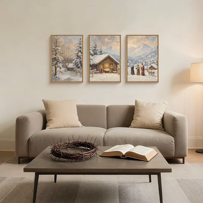 HOURIA Vintage Christmas Nativity Framed Canvas Wall Art Set, Religious Christian Birth of Jesus Biblical Wall Decor, Winter Snowy Landscape Artwork for Living Room,Church,Xmas 16 x24 x3