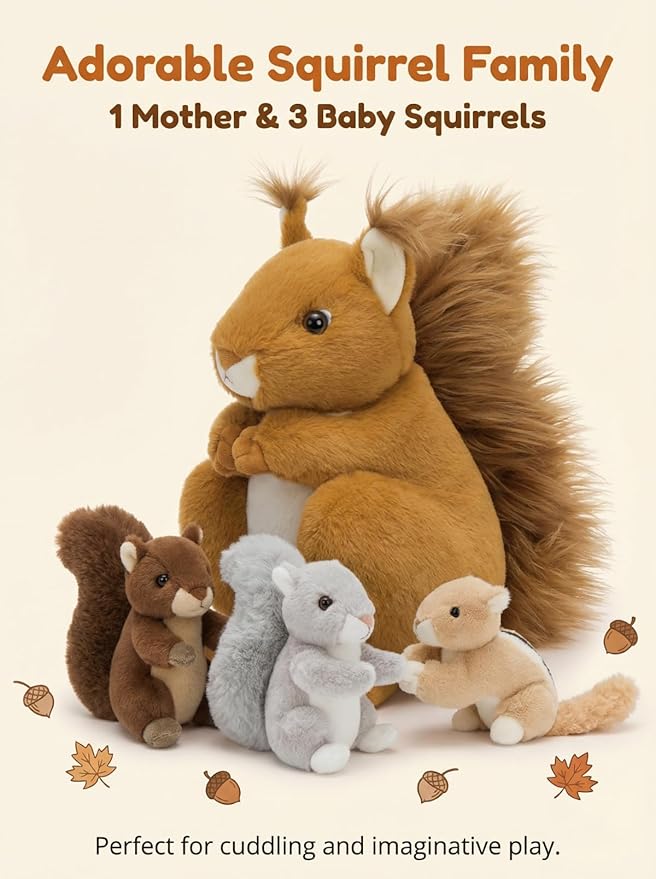 MaoGoLan 4Pcs Squirrels Plush Toys with 3 Baby Squirrels, Realistic Stuffed Animals for Small Hand, Adorable Squirrel Plushie Gift for Forest Animal Lover,Girls,Boys,Kids,Baby Shower,Brown