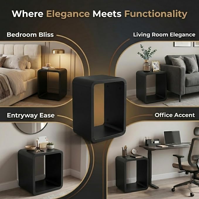 Relso Aurora End Table Solid Wood Nightstand with Open Shelf Storage, Black Finish Bedside Table, Side Table for Bedroom, Living Room, Entryway, Small Spaces, Accent Bookshelf