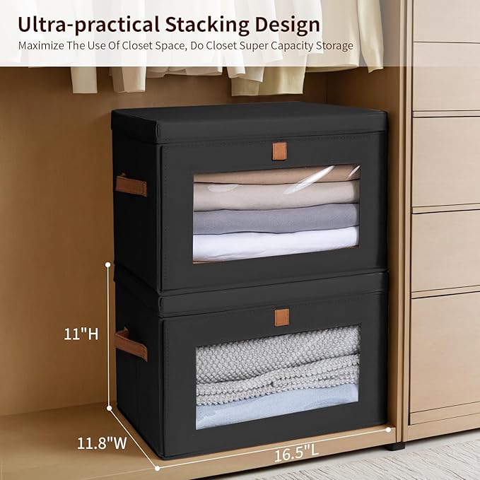Homsorout Collapsible Storage Bins - Large Stackable Organizer Bins, Decorative Boxes with Handles & Window, Fabric Containers for Living Room, Closet, Dorm, 6 Pack, Black