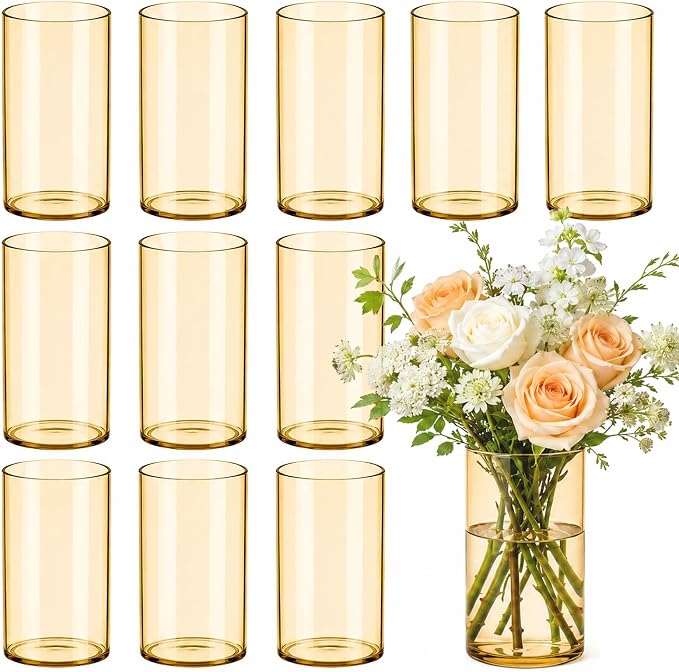 TBWIND 12pcs Gold Amber Glass Cylinder Vases for Centerpieces, 6 Inch Bulk Flower Vases for Wedding Decorations, Hurricane Candle Holder for Floating Candles and Table Home Decor