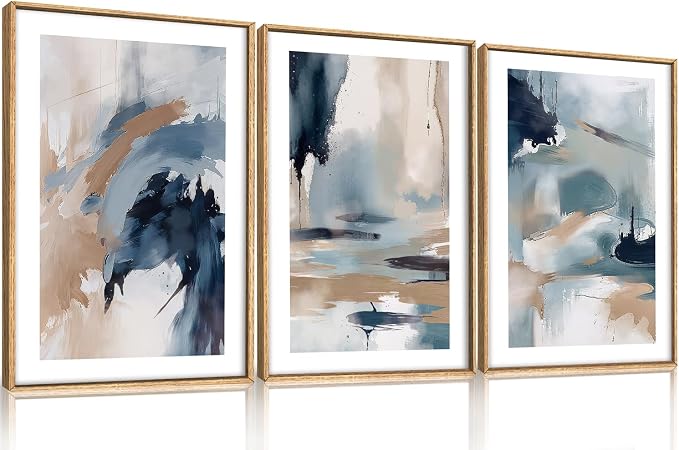 KAIRNE Blue Abstract Neutral Framed Canvas Wall Art Set, Navy Abstract Wall Decor, Watercolor Blue and Brown Wall Painting, Modern Textured Art Prints for Living Room, Bedroom, Office-24 x36 x3