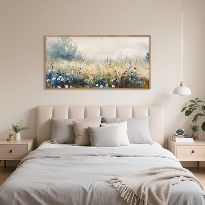 Nature Wildflower Framed Canvas Wall Art Set, Pastoral Landscape Wall Decor, Colorful Meadow Wall Painting, Rustic Floral Art Print for Living Room, Bedroom, Office-20 X40