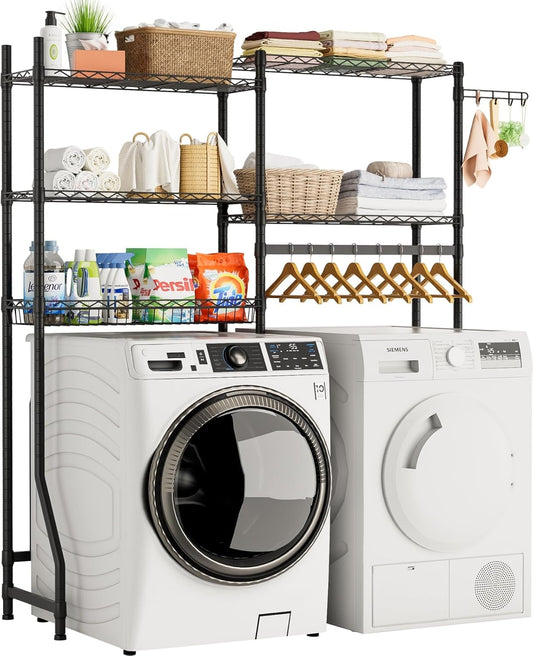 Over Washer and Dryer Shelves,Heavy Duty Laundry Room Storage Organization Clothes Drying Rack,5 Tier Adjustable Height Wire Shelving and Wire Basket with Hanger Rod&Hook,Space Saving Shelf