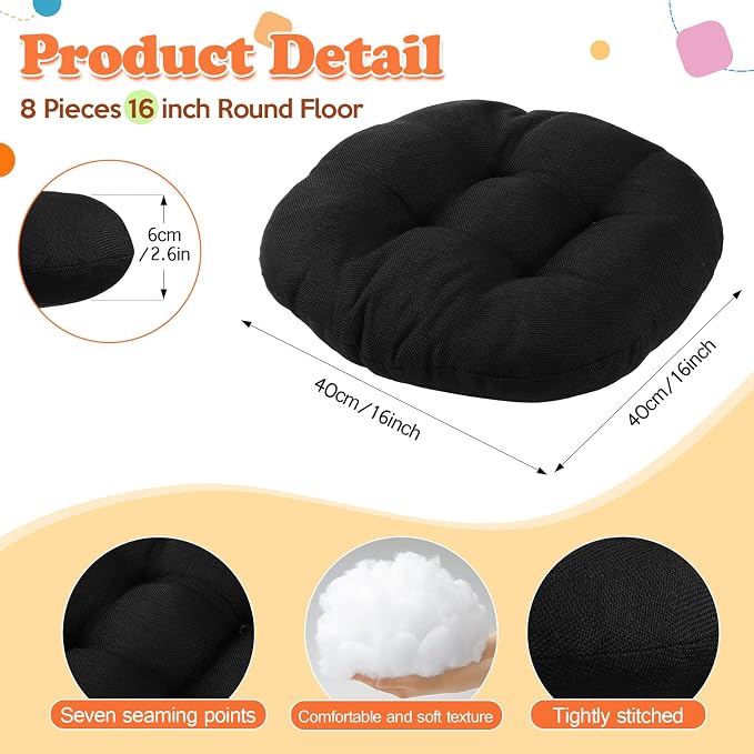 Fumete 8 Pcs 16 Inch Floor Cushions Pillow for Kids Bulk Classroom Round Flexible Seating Floor Cushions for Students Home Daycare School Reading Corner Yoga Meditation Picnic (Black)