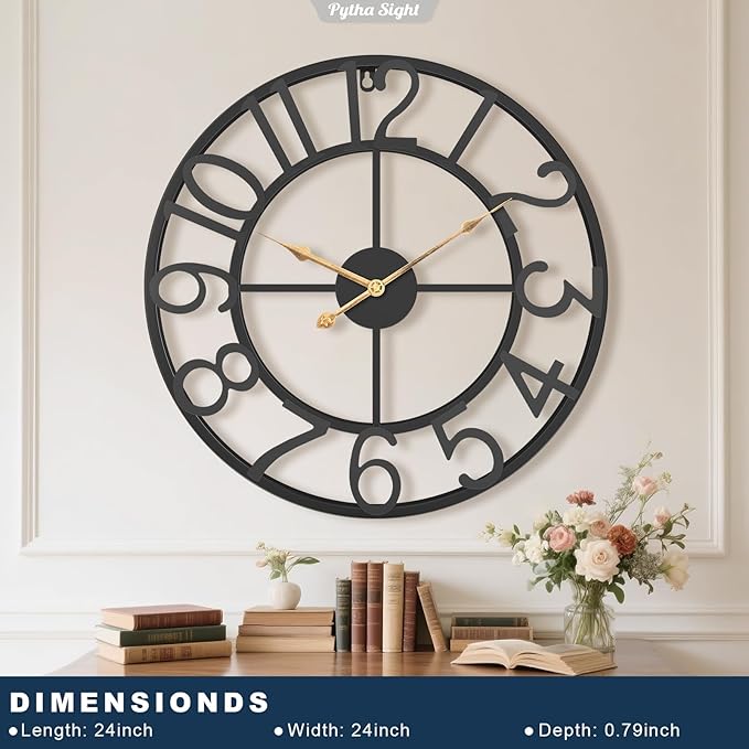 Pytha Sight 24 Inch Large Oversized Farmhouse Modern Decorative Wall Clock for Living Room,Silent Industrial Big Arabic Numerals Vintage Metal Round Wall Clocks for Kitchen,Dinng Room,Office