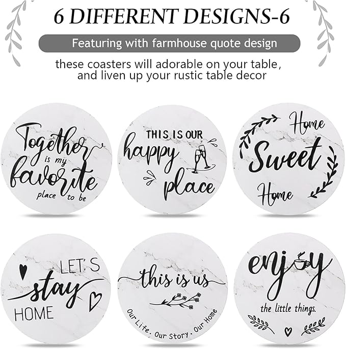 Queekay Coasters Set of 6 House Warming Gifts New Home Wooden Farmhouse Drink Coasters with Holder 4'' Funny Decoration for Kitchen Family Coffee Bar Tabletop Protection(White Marble)