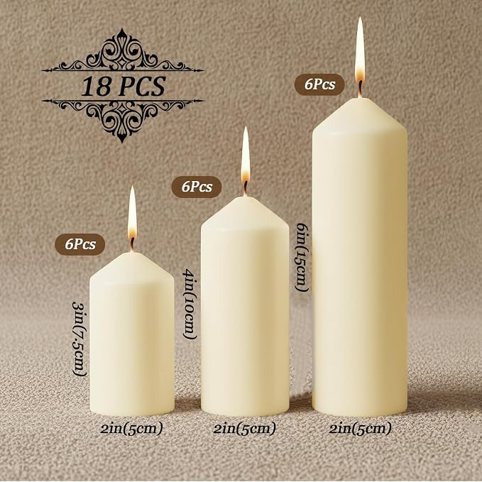 18 Pack Ivory Pillar Candles Bulk Set, 2x3 2x4 2x6 Inch - 6 Each Size, Dripless Smokeless Clean Burning for Wedding Centerpieces, Home Decor, Church, Romantic Ambiance！