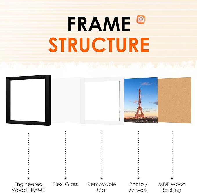 FIXSMITH 10x10 Picture Frame Set of 2, Photo Frame with HD Plexiglass, Display Pictures 8x8 with Mat or 10x10 Without Mat, Black Picture Frames Collage Wall Decor, Gallary Wall Frame