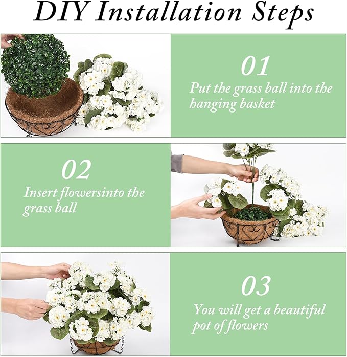 Waipfaru 2 Set Artificial Geraniums for Outdoors with Hanging Baskets, 12 Bundles UV Resistant Artificial Outdoor Plants, Fake White Flowers for Spring Front Porch Home Patio Balcony Yard Decor
