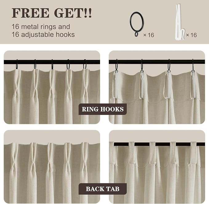 Pinch Pleated Linen Curtains 96 Inches Long for Living Room, Taupe Light Filtering Pleat Drapes Textured Thick Floor to Ceiling Semi-Sheer Window Curtain with Hooks for Bedroom Farmhouse, 2 Panels