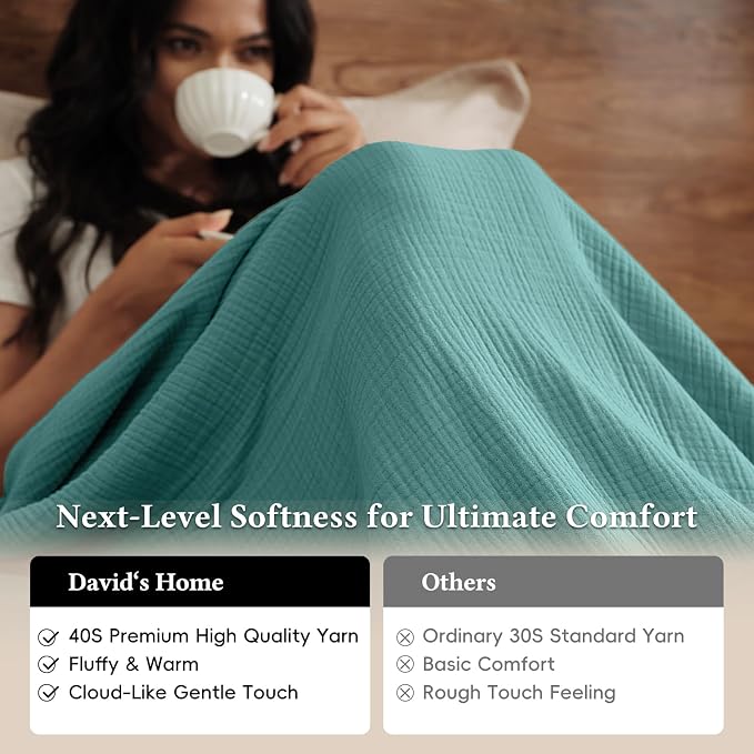 David's Home 100% Cotton Muslin Throw Blanket for College Dorm, 4-Layer Soft Breathable Lightweight Comfy Cozy Throw Guaze for Hot Sleepers, 3D Bubble Room Decor for Bed, Giftable, Teal, 50"x70"