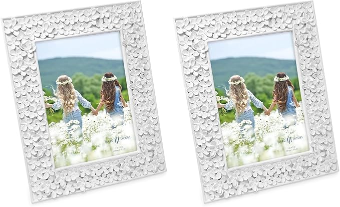 Isaac Jacobs 5x7 White Flower Textured Hand-Crafted Resin Picture Frame w/Easel & Hook for Tabletop & Wall Display, Decorative Floral Design Home Décor, Photo Gallery, Art (5x7, White) (Pack of 2)