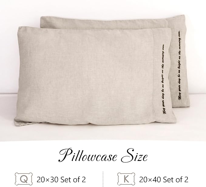 Linen Pillow Cases with Embroidery Design,20"x40" King Size Set of 2,100% French Flax Soft Breathable Handmade Linen Pillowcases,Natural Embroidery