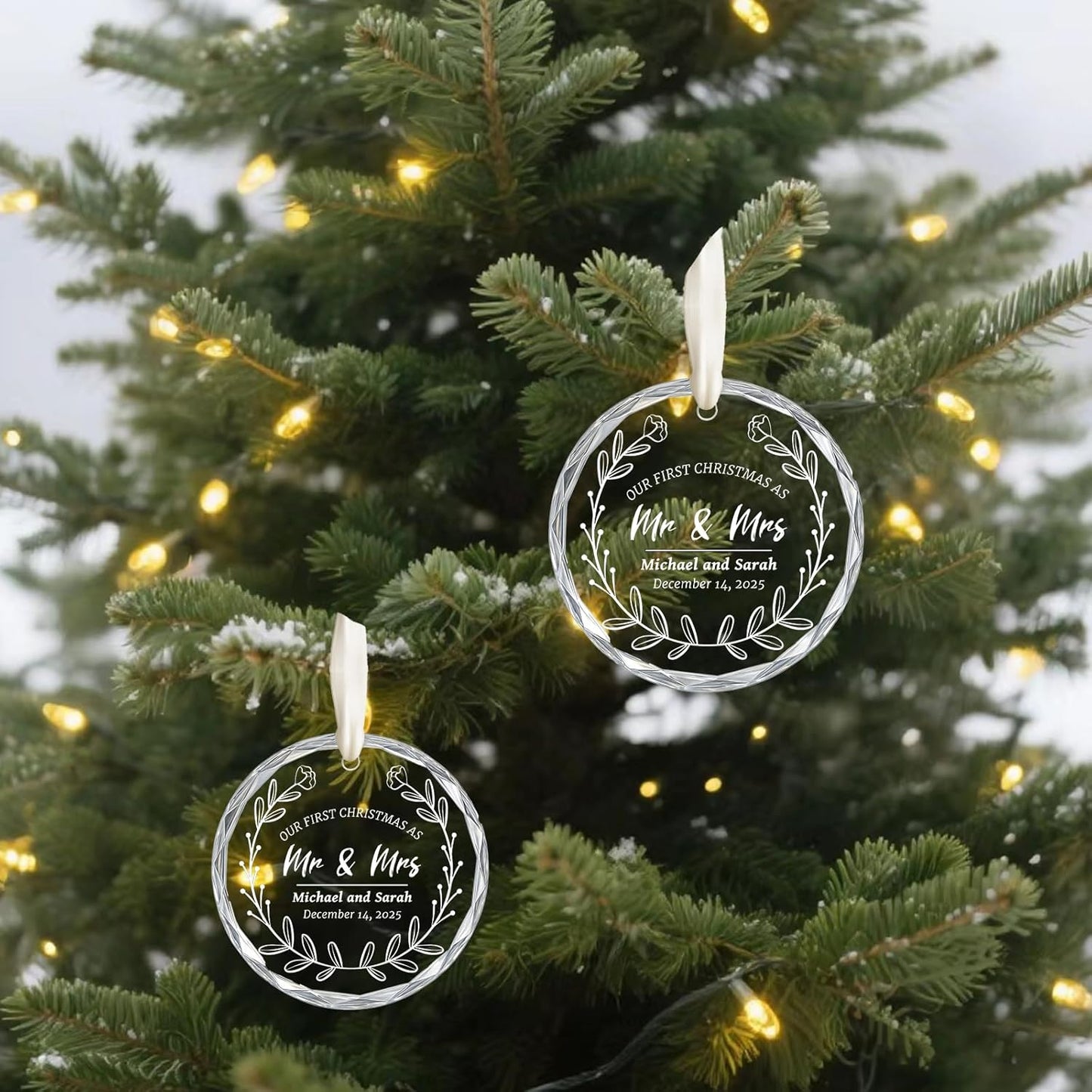 First Christmas Married Ornament 2025, Custom Wedding Crystal Glass Ornament with Photo, Name or Date, Personalized Wedding or Bridal Shower Gifts for Newlyweds