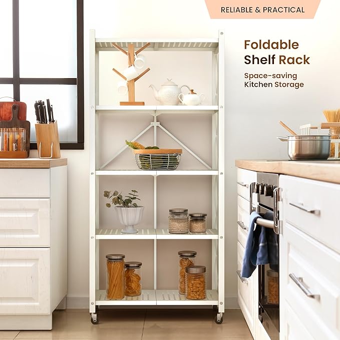 Our Modern Space 5-Tier Foldable Storage Shelf with Wheels | Metal Rack Collapsible Shelving Display | Rolling Cart for Books Kitchen Storage Shelves | Pantry & Closet Organizer | Office Room Decor