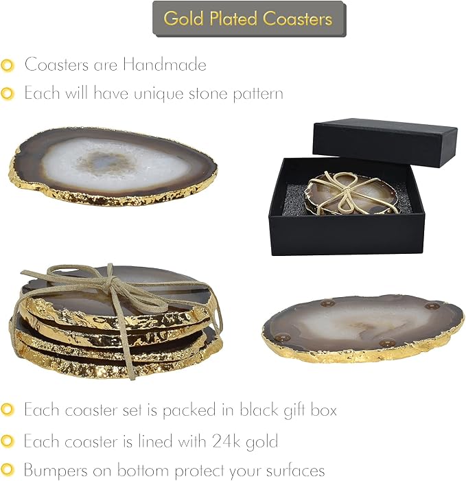 Nature's Decorations Natural Agate Stone Coasters - Set of 4 Polished Geode Drink Mats for Dining & Coffee Table & Kitchen Decor No Dye 3.5-4" Diameter