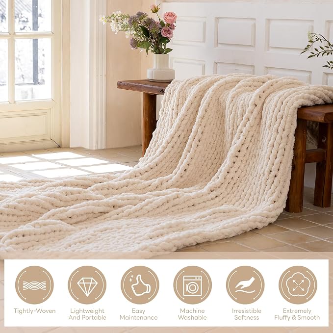 Chunky Knit Blanket - Luxury Soft Cozy 80 * 90 Throw Blanket,100% Woven Blanket Rope Knot Throw Blanket for Couch, Sofa, Home Decor, Gift - Machine Washable (Cream, 80 * 90)