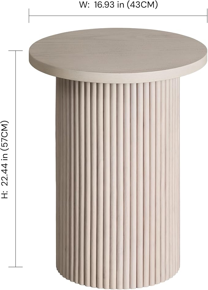 Farmhouse End Table Fully Assembled with Fluted Column, 16.93" Drum Side Table for Living Room, Natural White Finish Pedestal Table for Bedroom, Boho Rustic French Country Decor