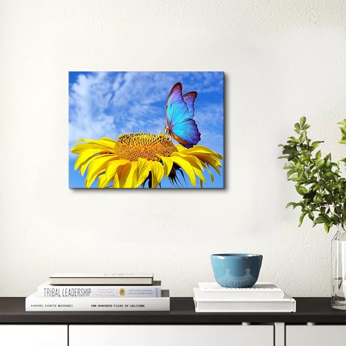Sunflower Wall Art Bathroom Decor Butterfly Pictures Blue Sky Nature Landscape Canvas Prints Kitchen Sunflower Painting for Living Room Artwork Yellow Floral Posters Bedroom Home Decorations 12x16"