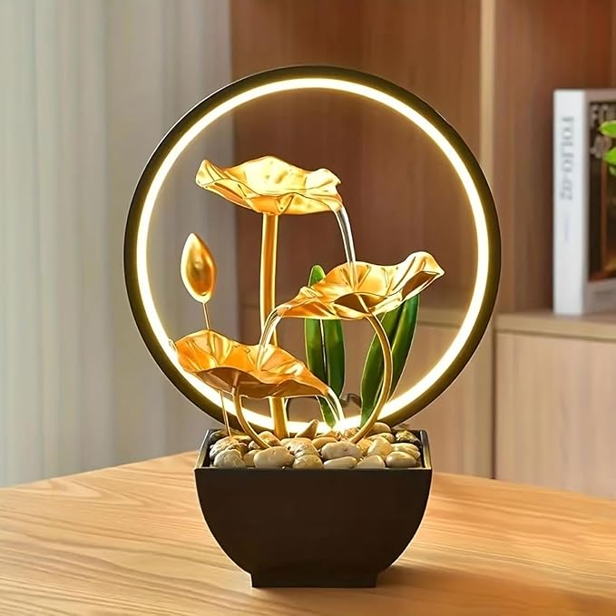 Tabletop Fountain with Led Light, 11IN Gold Lotus Indoor Waterfall Fountain USB Powered Zen Table Water Fountains with 1 Replacement Water Pump