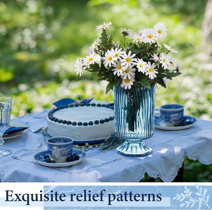 6 Pcs (H: 7" W: 4") Embossed Flower Vase Pedestal Glass Vase Big Base Thickened Crystal Vintage Vases for Wedding Party Home Decor Table Centerpiece House Warming Gifts (Blue,Classic)